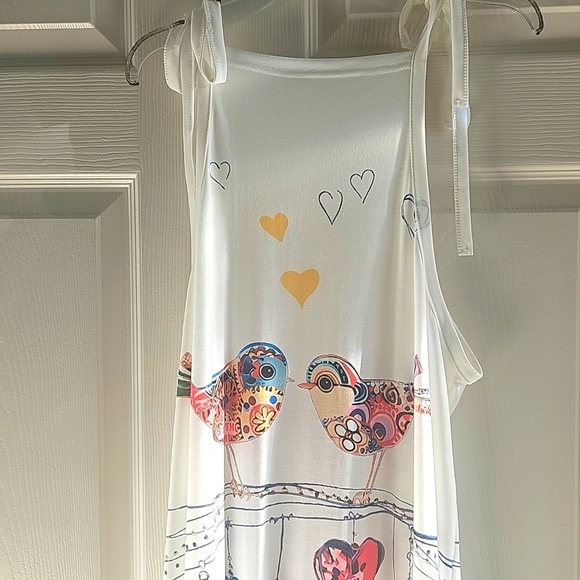 NWOT White Printed Tie Strap Jumpsuit/Overalls Colorful Bird/Heart Design Medium - Picture 1 of 15